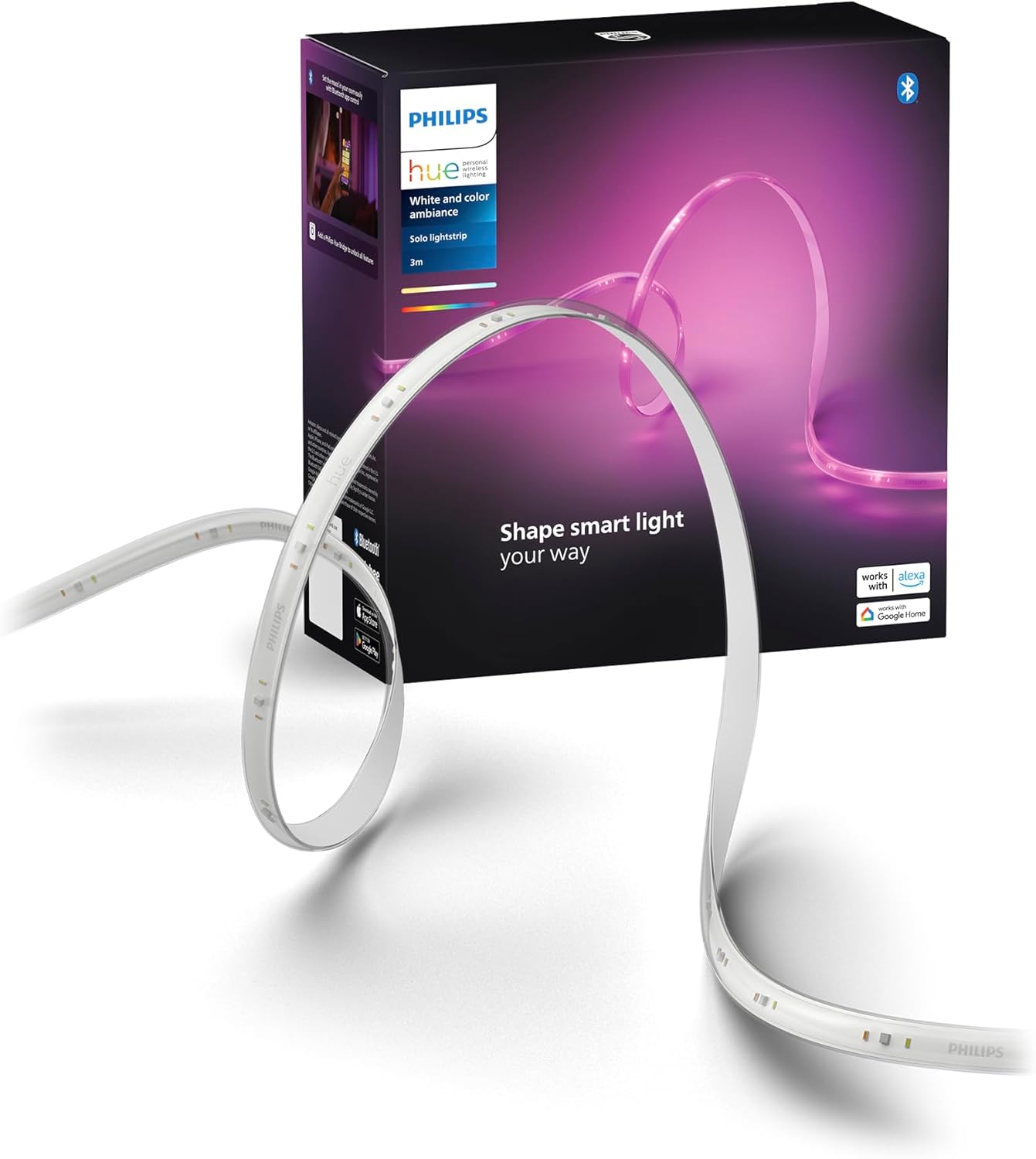PHILIPS Hue Indoor 10 Ft Smart RGBWW LED Solo Lightstrip Base Kit, 1 Pack, Control with Hue App, LED Strip Lights Compatible with Alexa, Google Assistant and Apple HomeKit