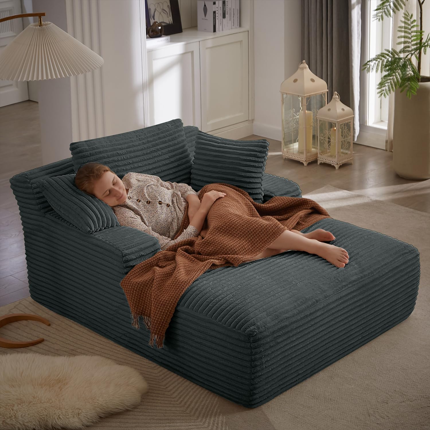 50" W Oversized Chaise Lounge Chair Indoor, Upholstered Corduroy Sofa Bed with Arm & 3 Pillows, Deep Seat Boneless Cloud Couch, Reading Chairs for Living Room,No Assembly Required,Dark Gray