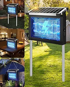 Solar Bug Zapper 4500V, Waterproof Mosquito Zapper Fly Traps Outdoor Patio | Auto Mode, Portable/Cordless/Rechargeable/Stake/Hang Design, 1 Acre Coverage, Dual LEDs, Patio Yard Camping Garden Pool Ideal