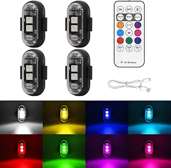 4PCS Wireless LED Strobe Lights with Remote Control, 8 Colors USB Charging Waterproof Anti-Collision Led Emergency Warning Lights for Car Motorcycle Drone Aircraft Bike