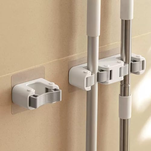 Broom Holder Wall Mount Self Adhesive, No-Drill Mop Grip Double Clip