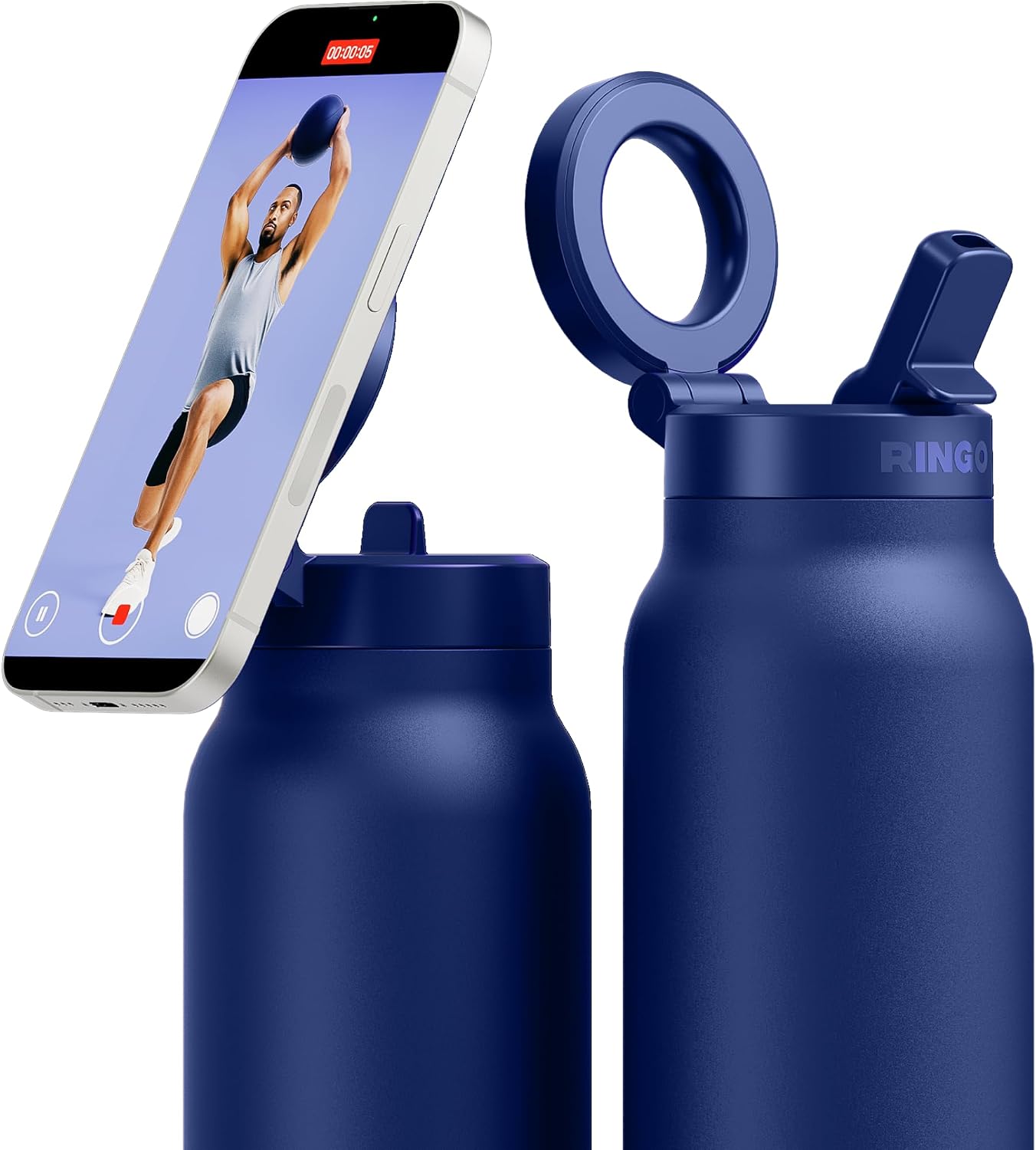 RINGO PRO Water Bottle with Magnetic Phone Mount & Sip Straw Lid - Insulated Stainless Steel Bottle for Workouts, Content Creation, Navigation & Facetime on the Go, 12Hrs Hot/24Hrs Cold Blue 24oz